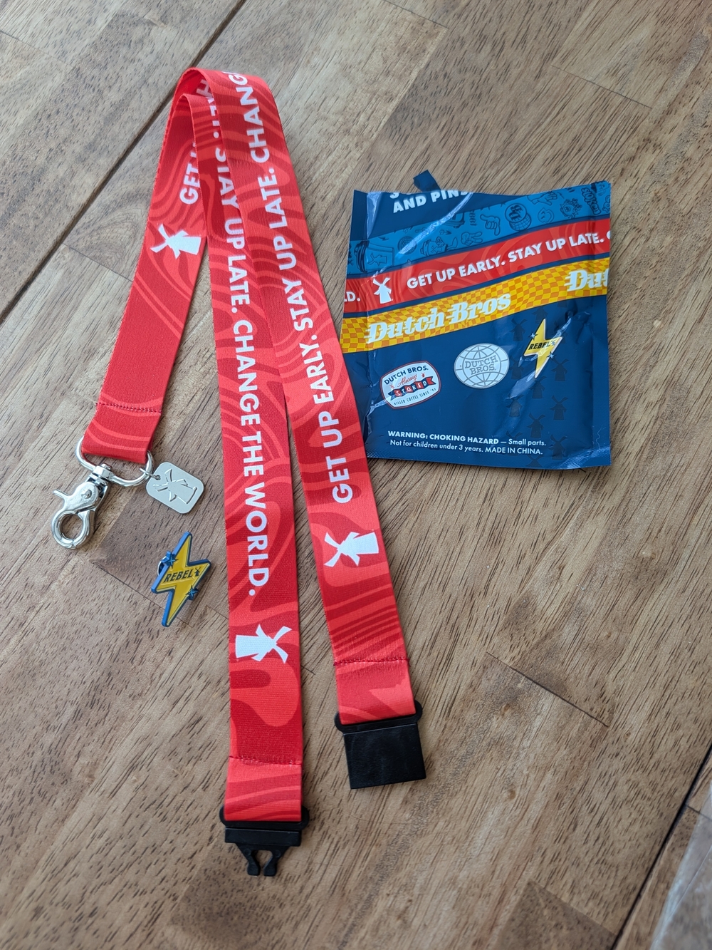 Dutch Bros Red Lanyard with  Charm And Rebel Pin